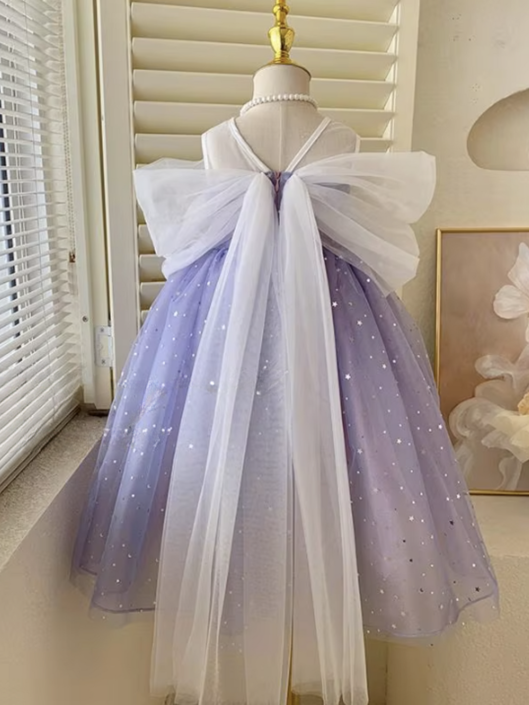 Girls Princess Starry Tulle with Pearl and Bow Detail Dress