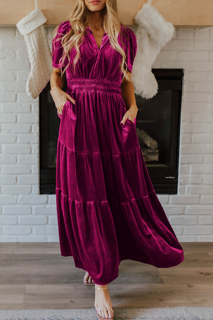 Womens Velvet Berry Holiday Maxi Dress with Smocked Waist