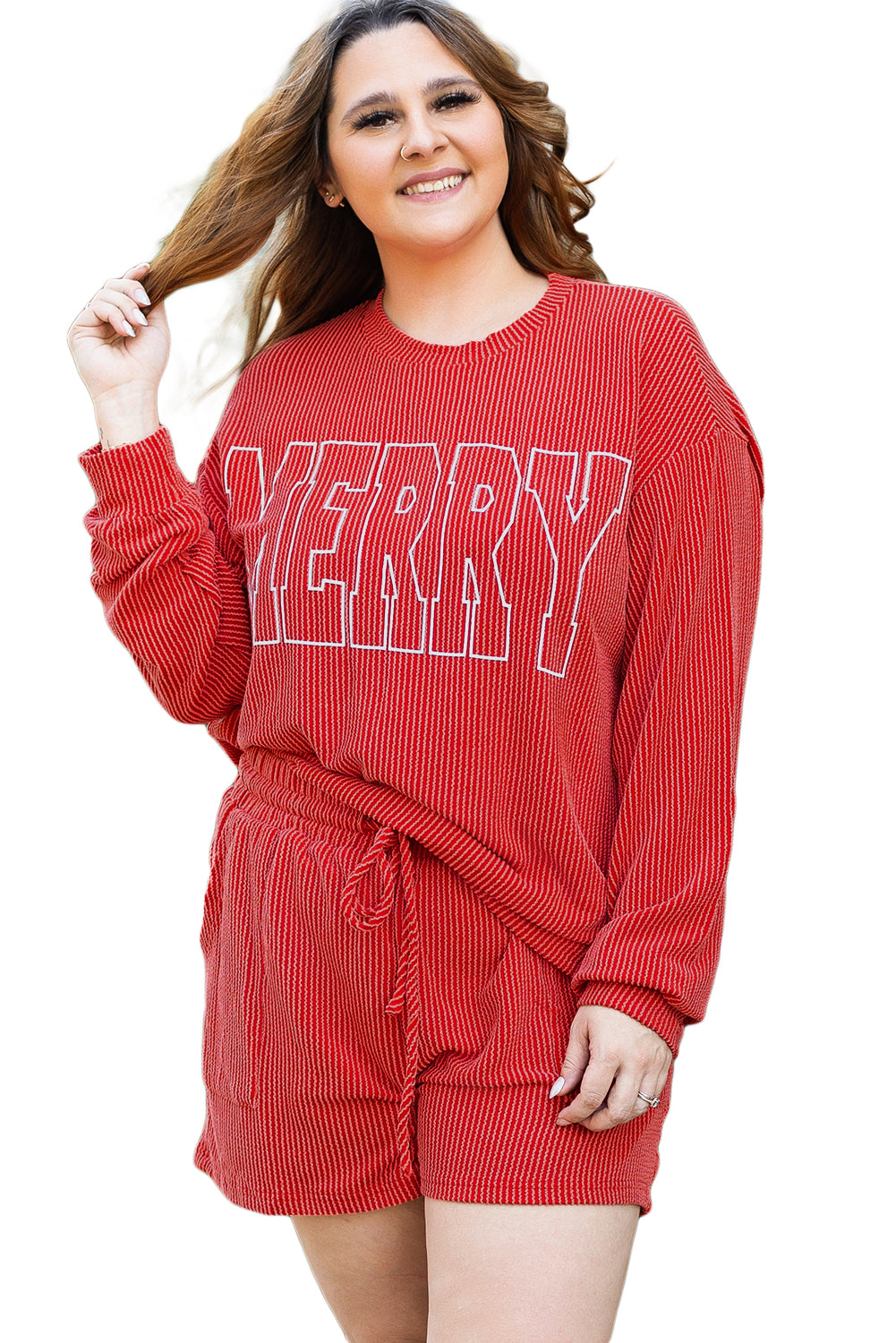 Womens Racing Red MERRY Ribbed Knit Long Sleeve Lace-up Waist Plus Size Lounge Set