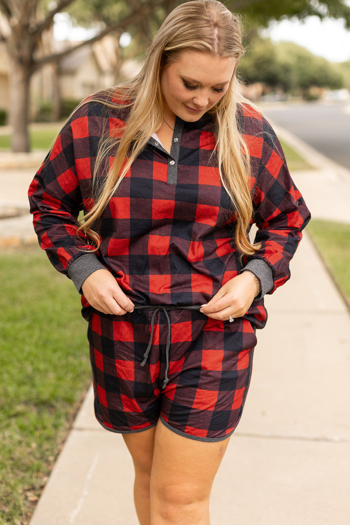 Womens Fiery Red Christmas Buffalo Print Henley Plus Size Pajama Set