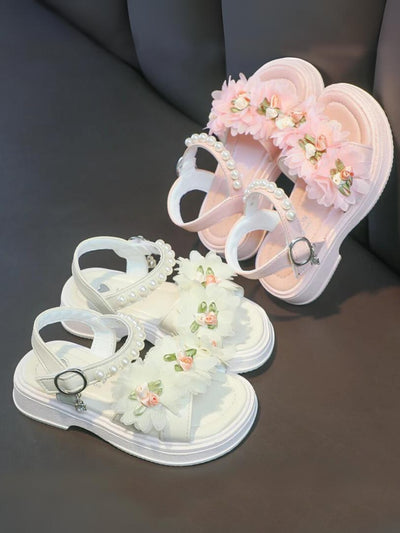 Charming Girls' Floral Sandals with Pearls By Liv and Mia