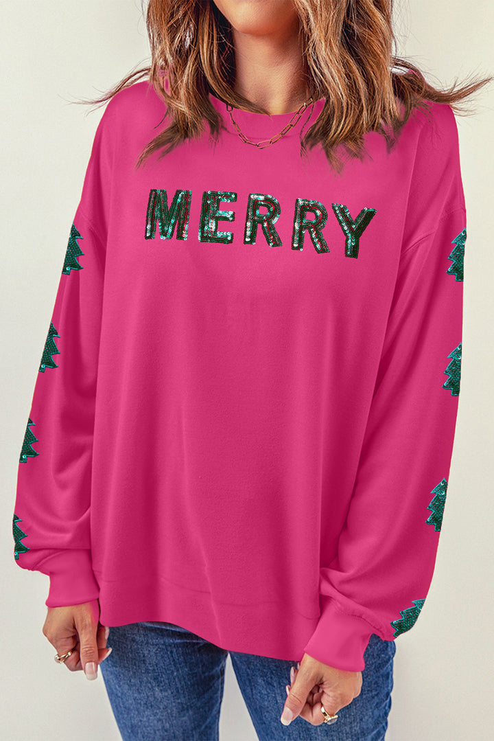 Womens Pink Sequin "MERRY" Christmas Tree Patchwork Sweatshirt