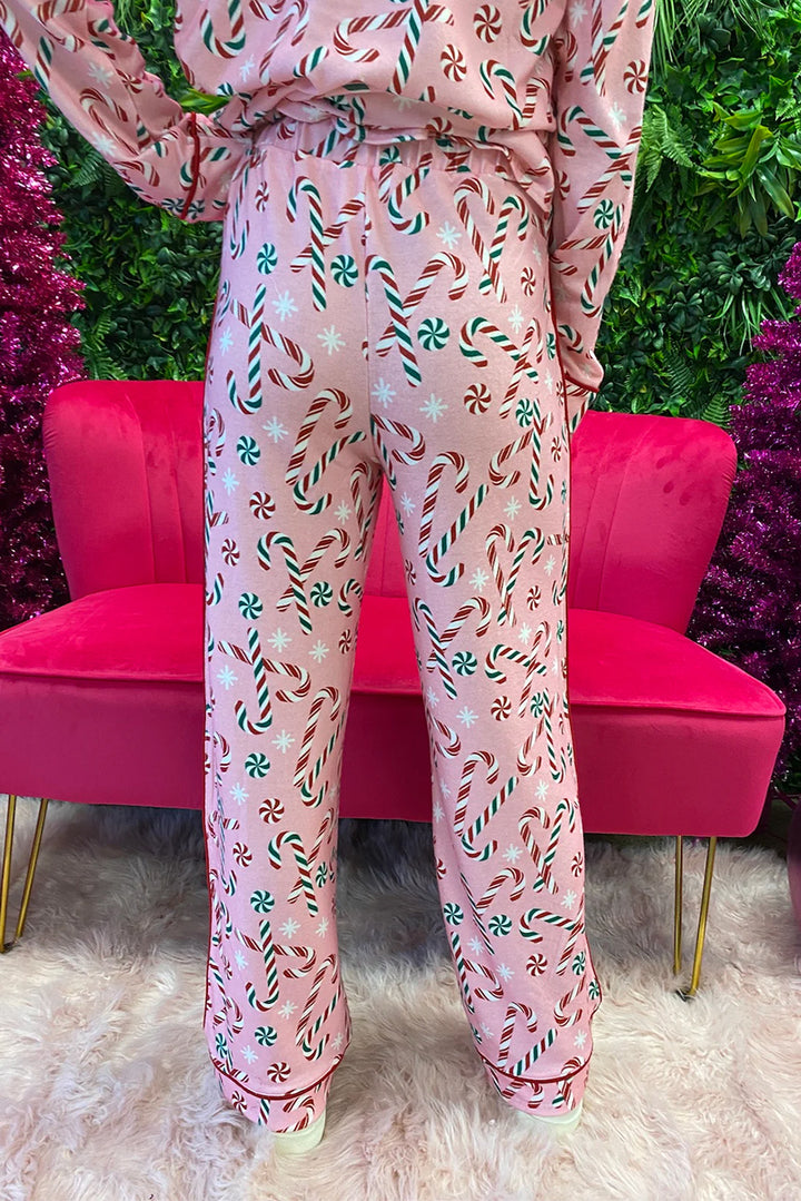 Womens Pink Christmas Candy Cane Print Lapel Collar Shirt and Pants Two Piece Pajamas Set