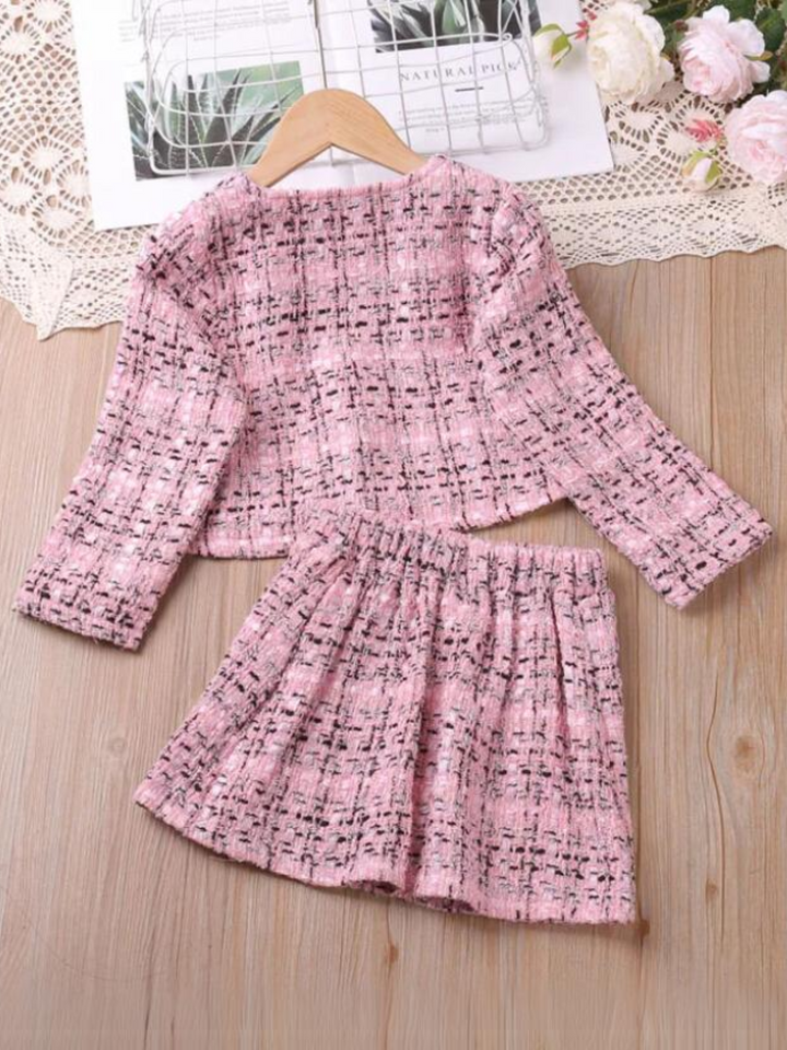 Girls Chic Pink Tweed Jacket and Skirt Set