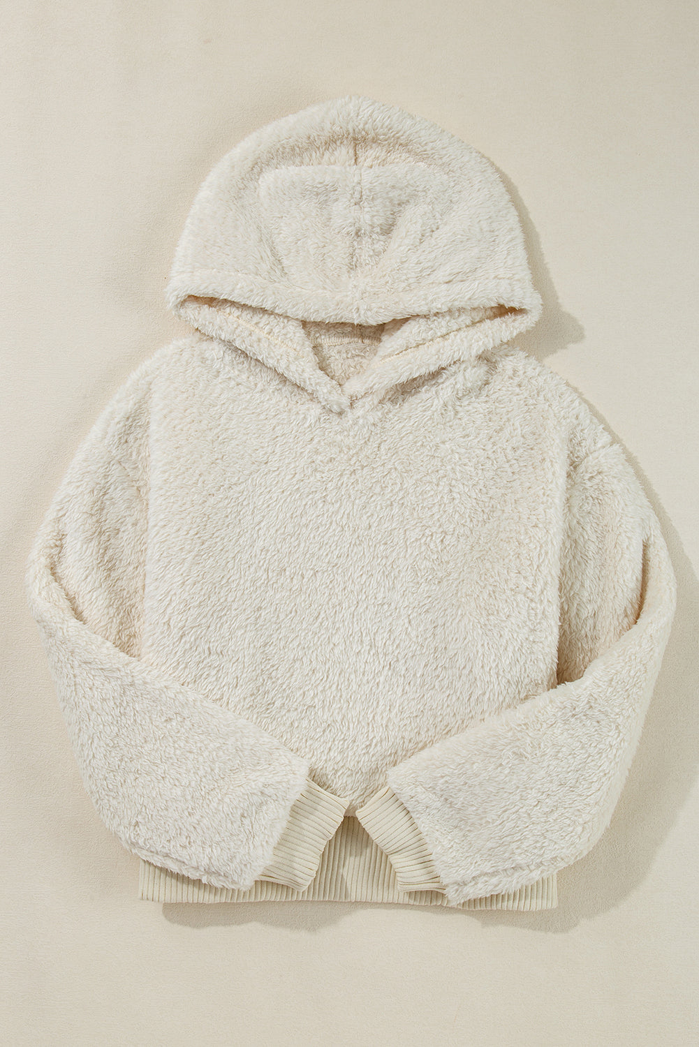 Womens White Contrast Ribbed Edge Plush Hoodie