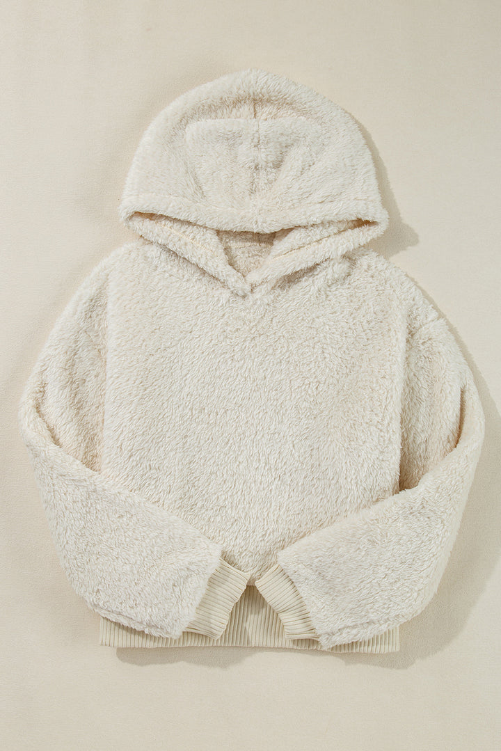 Womens White Contrast Ribbed Edge Plush Hoodie