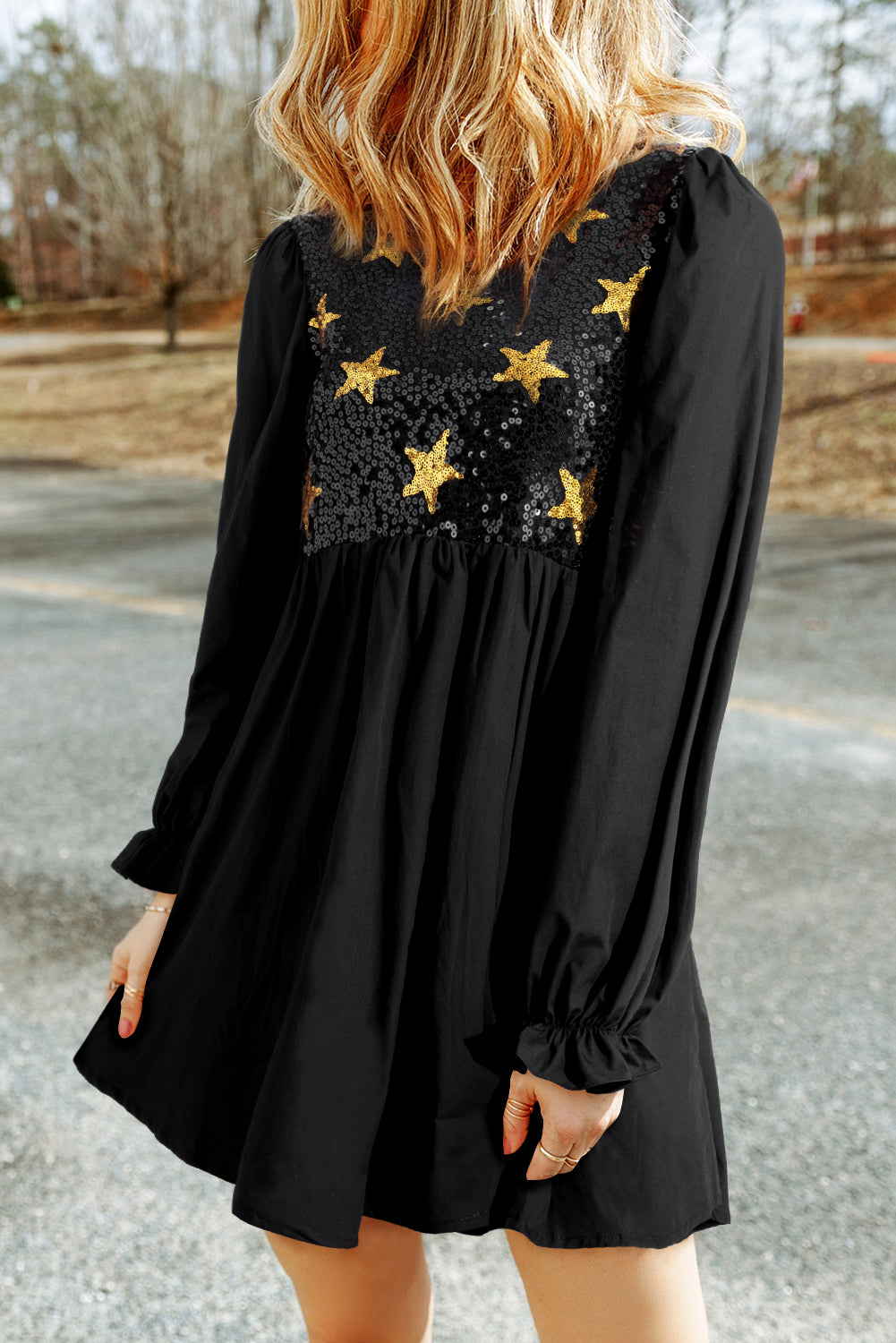 Womens Black Sequined Stars Flounce Sleeve Ruffled Babydoll Dress