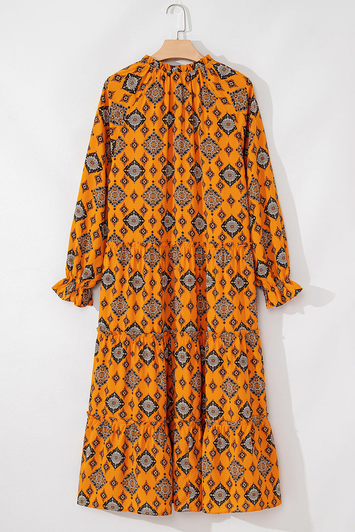 Womens Orange Western Geometric Print Tiered Frilled Loose Fit Midi Dress