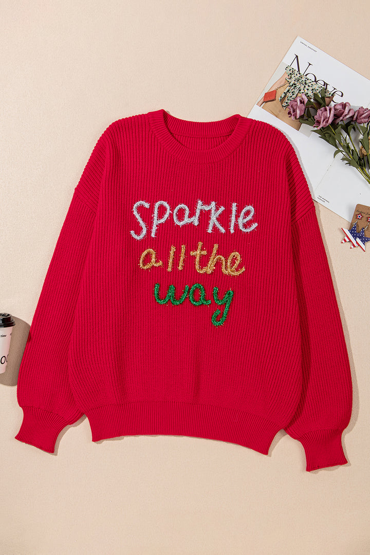 Womens Racing Red Sparkle All The Way Tinsel Crew Neck Plus Size Sweater