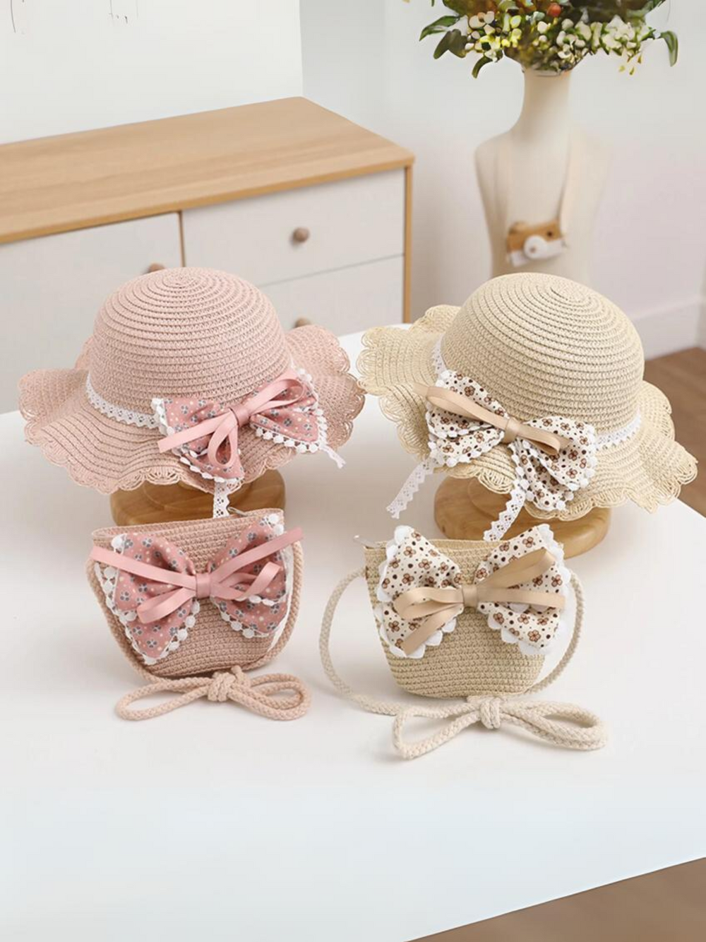 Mia Belle Girls Bow Straw Hat Set | Girls Accessories