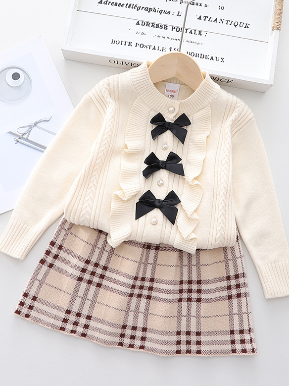 Toddlers Pearled Ruffled Cardigan & Plaid Skirt Set - Mia Belle Girls