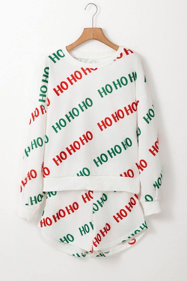 Womens Festive "HO HO HO" Print Pullover and Shorts Lounge Set