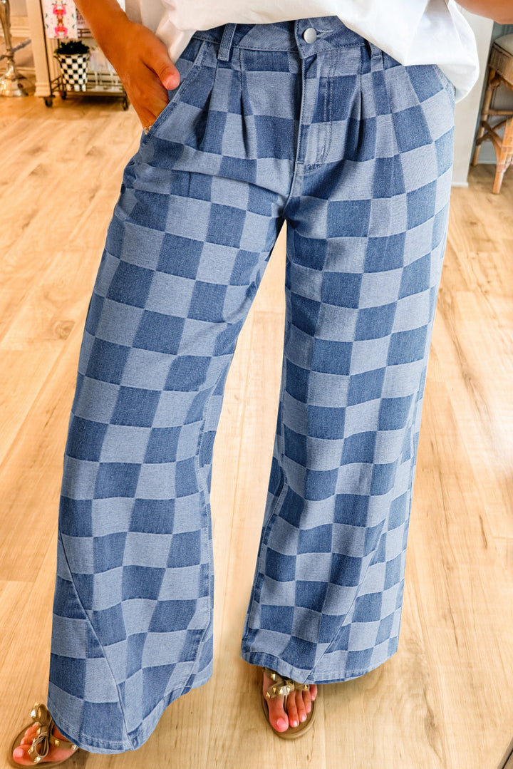 Womens  Dusk Blue Checkered Denim Wide Leg Jeans