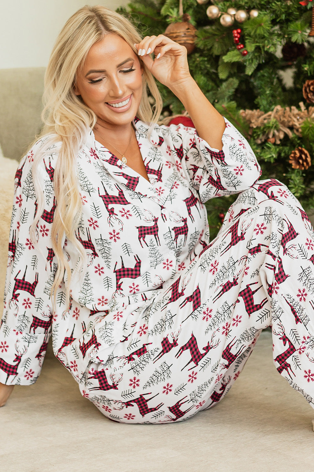 Womens White Christmas Printed Shirt and Pants Pajama Set