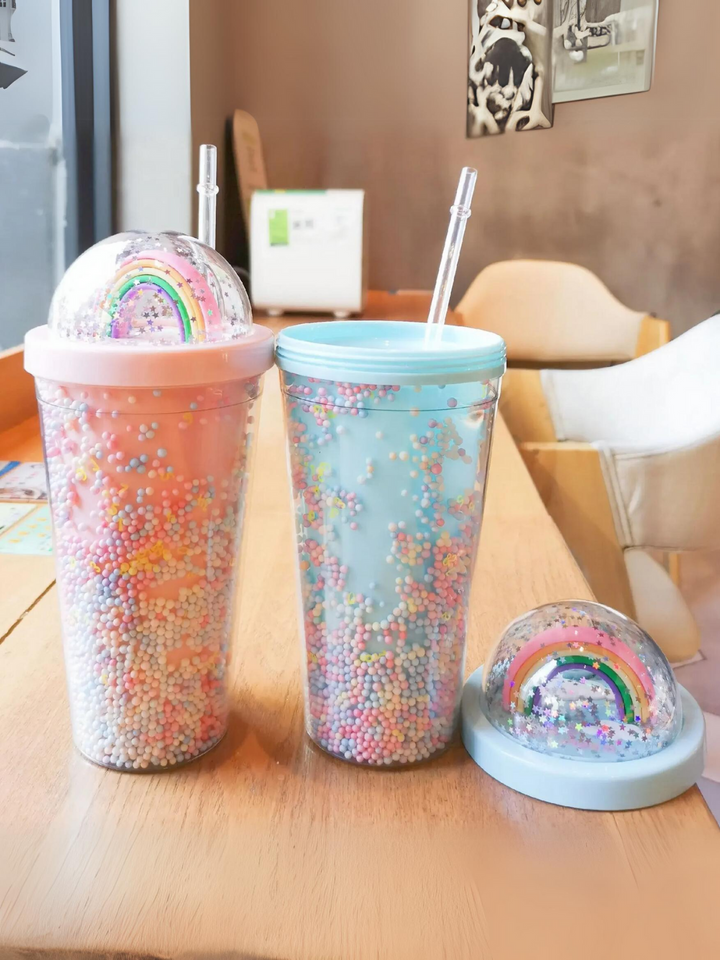 Girls Rainbow Sparkle Tumbler with Straw - Large Capacity Double Layer Cup