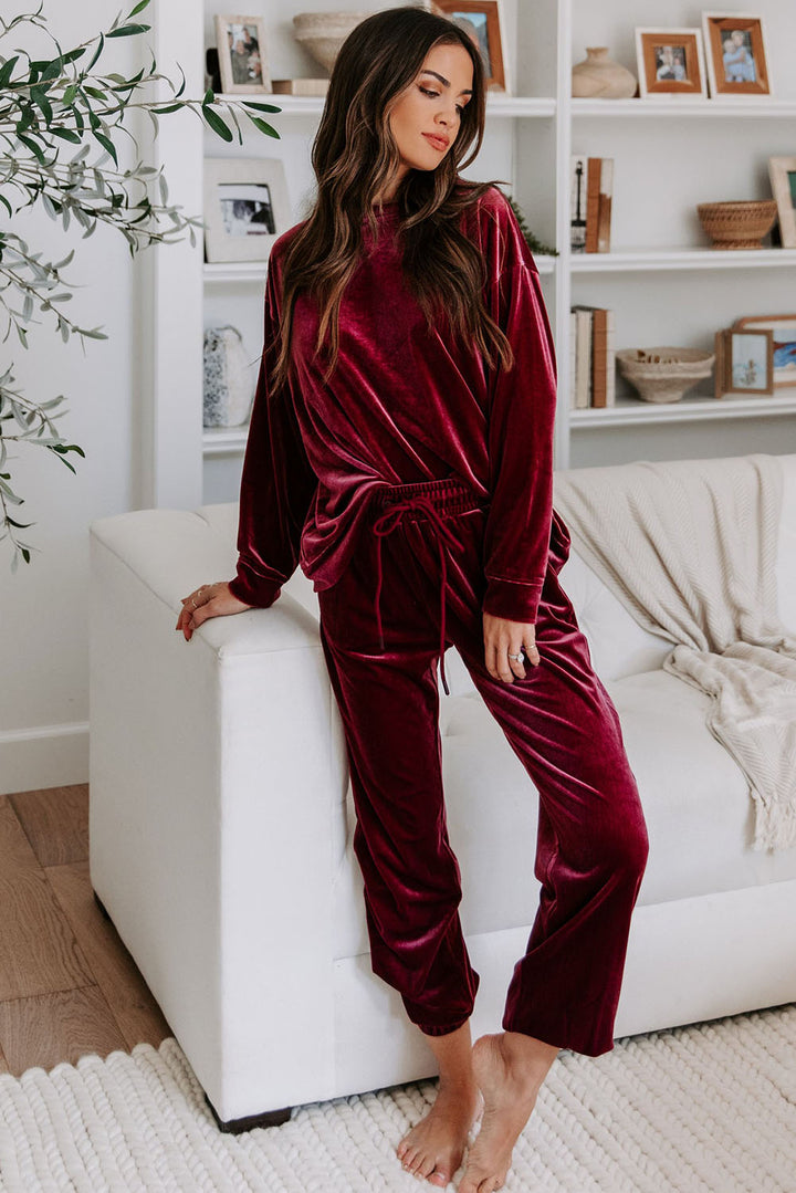 Womens Luxurious Burgundy Velvet Two-Piece Lounge Set