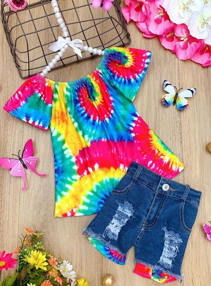 Toddler Spring Outfits | Girls Rainbow Tie Dye Top & Denim Shorts Set