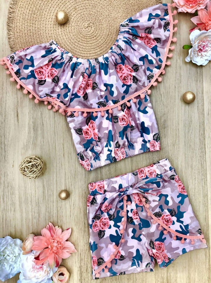 Resort Ready Girls Outfits | Pom Pom Ruffle Top & Overlay Shorts Set