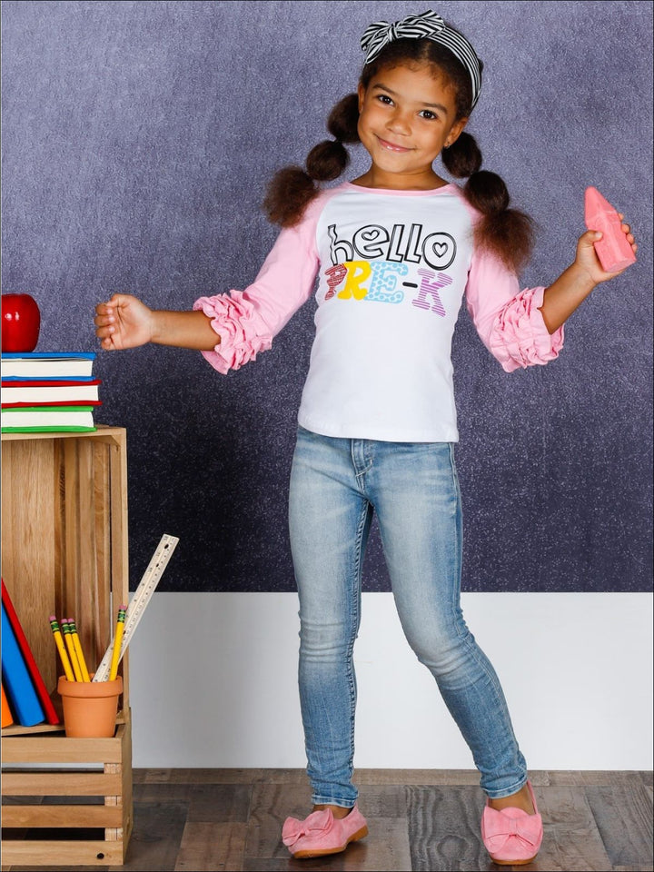 Hello Pre-K Ruffled Raglan Sleeve Top