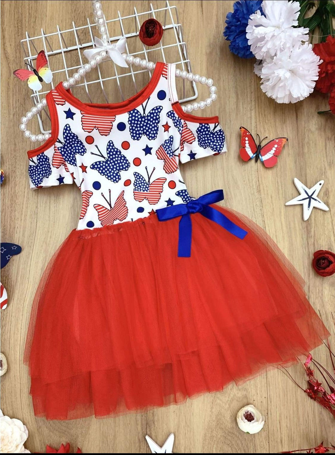 Girls 4th of July Themed Cold Shoulder Tutu Dress with Bow - Blue / 2T - Girls 4th of July Dress