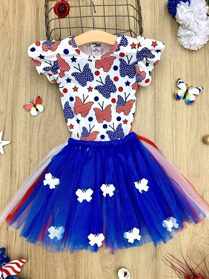 Girls 4th of July Butterfly Flutter Sleeve Top & Applique Tutu Skirt Set - Blue / XS-2T - Girls 4th of July Set