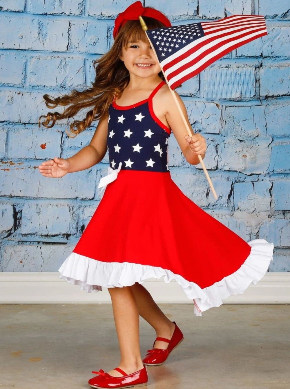 Girls 4th of July Themed Star Print Racerback Ruffled Dress