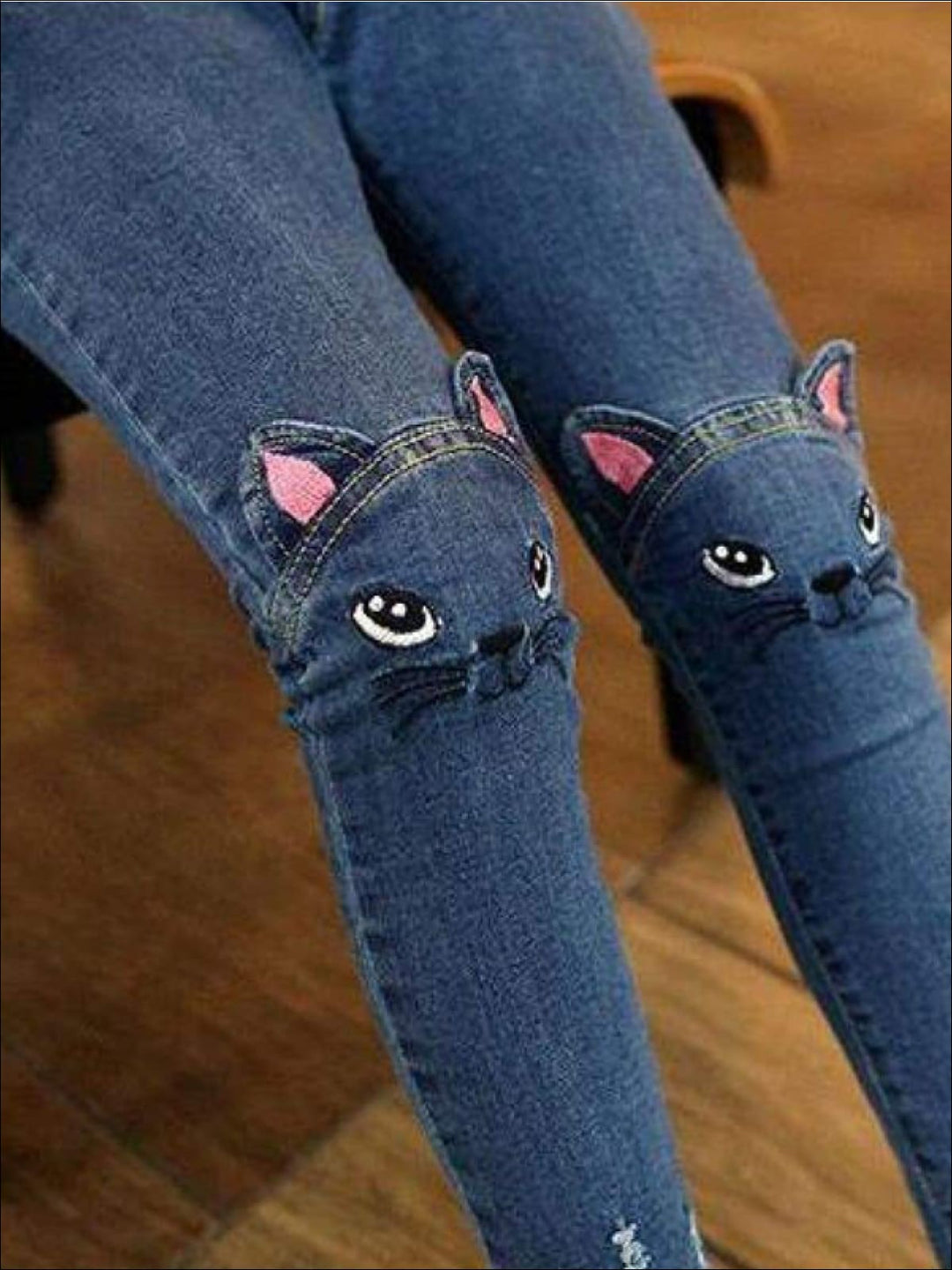 Kids Denim Clothes | Kitty Cat Knee Jeans | Mia Belle Girls Boutique