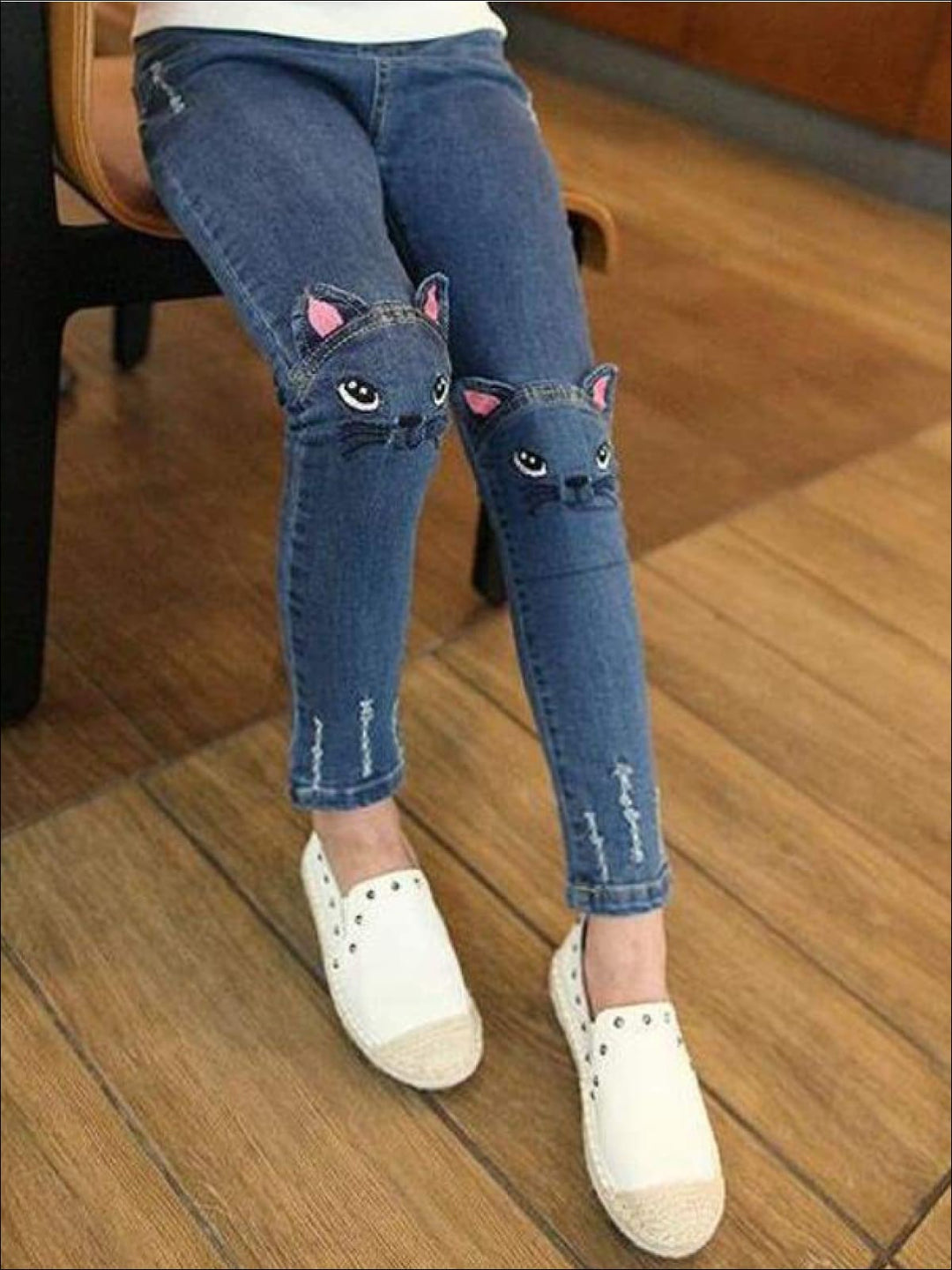 Kids Denim Clothes | Kitty Cat Knee Jeans | Mia Belle Girls Boutique