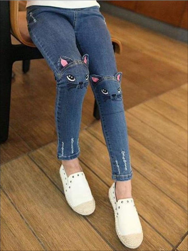 Kids Denim Clothes | Kitty Cat Knee Jeans | Mia Belle Girls Boutique