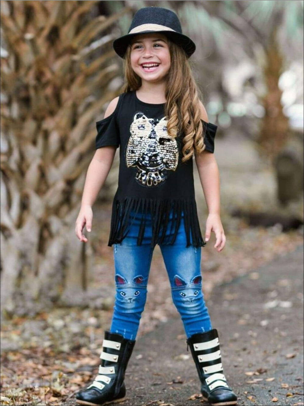 Kids Denim Clothes | Kitty Cat Knee Jeans | Mia Belle Girls Boutique