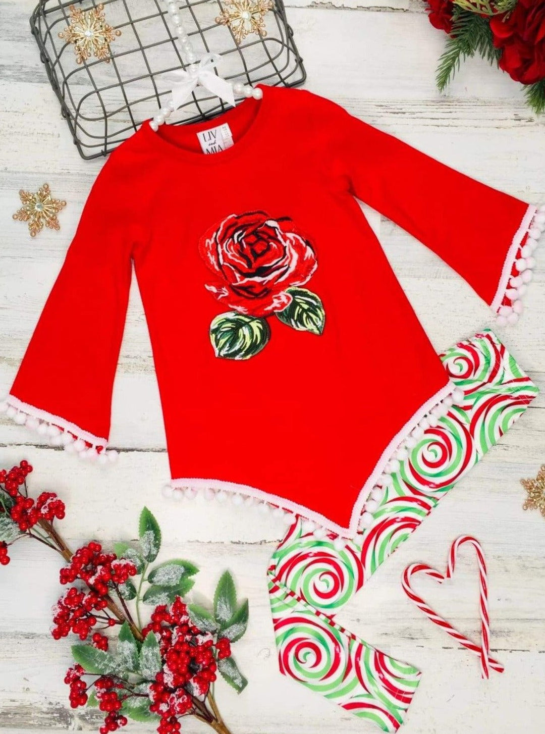 Cute Winter Sets | Girls Rose Pom Pom Tunic & Swirl Stripe Legging Set