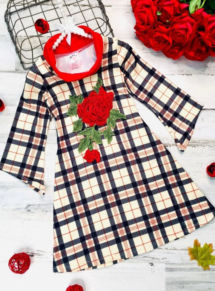 Winter Dressy Dresses | Girls Rose Embroidered Plaid Turtleneck Dress