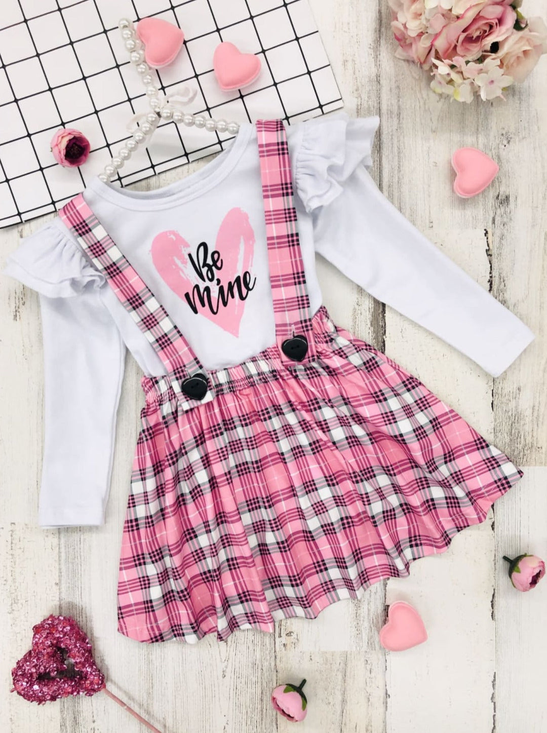 Toddler Valentine's Clothes | Be Mine Top & Plaid Suspender Skirt Set