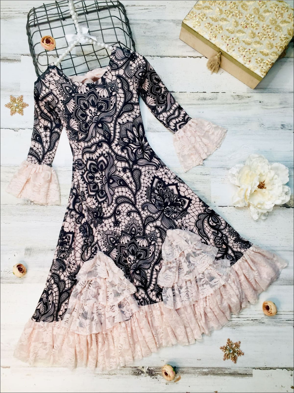 Winter Dressy Dresses | Floral Print Ruffle Lace Hem Maxi Dress