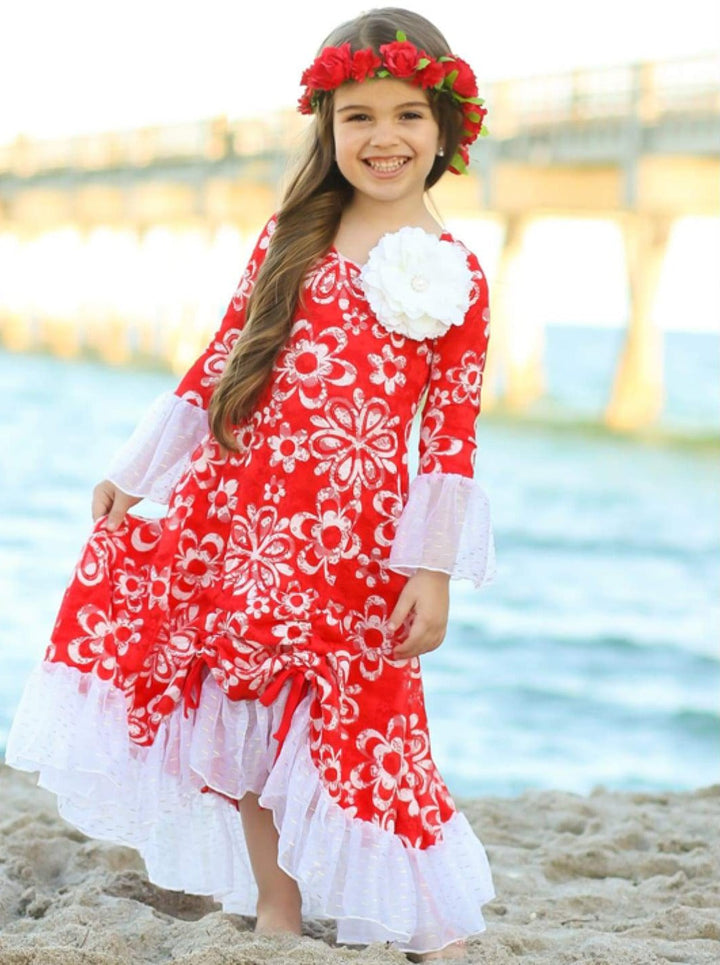 Winter Dressy Dresses | Girls Lace Hi-Lo Drawstring Ruffled Dress