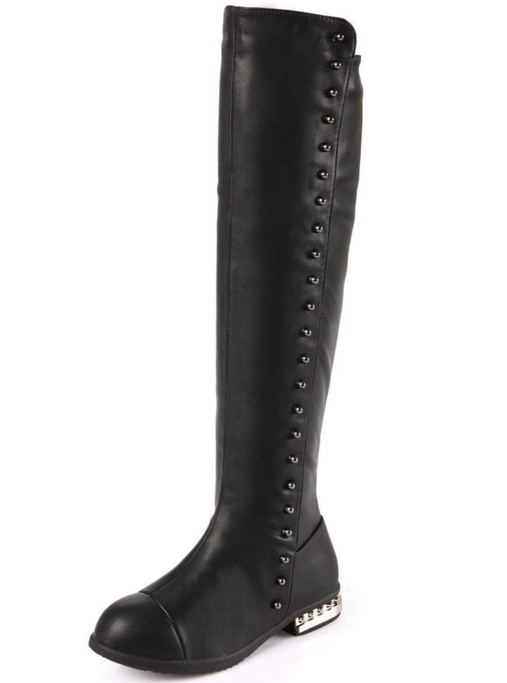 Girls Black Gold Studded Knee High Boots - Girls Boots