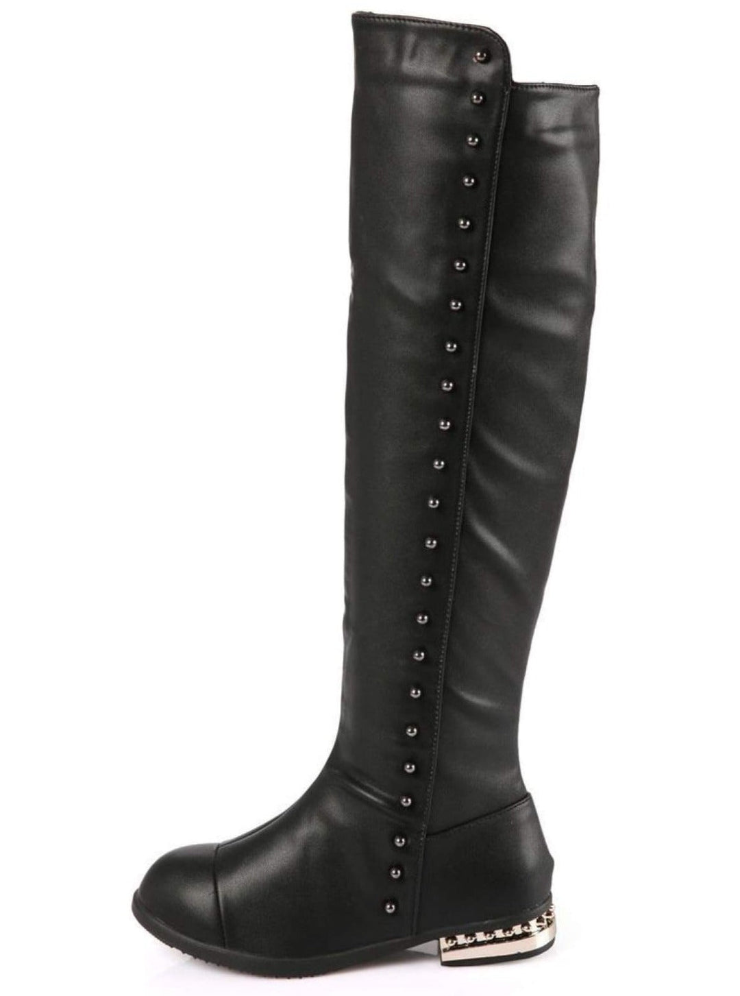 Girls Black Gold Studded Knee High Boots - Girls Boots