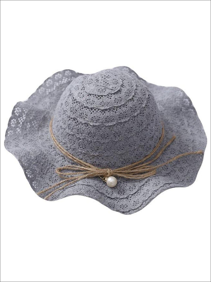 Girls Boho Floppy Straw Hat With Pearl Embellishment - Grey - Girls Hats