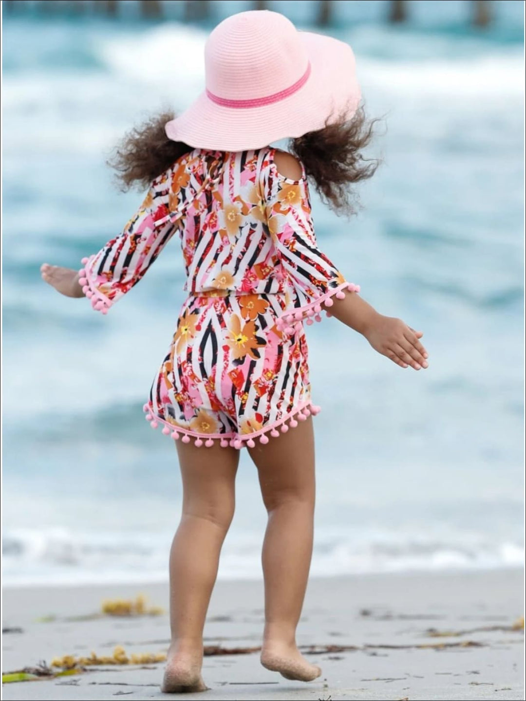 Toddler Spring Outfits | Girls Striped Cold Shoulder Pom Pom Romper