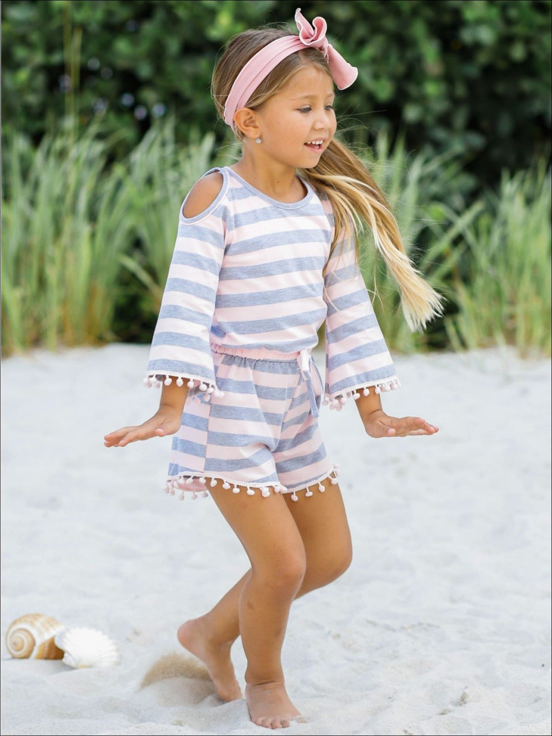 Toddler Spring Outfits | Girls Striped Cold Shoulder Pom Pom Romper