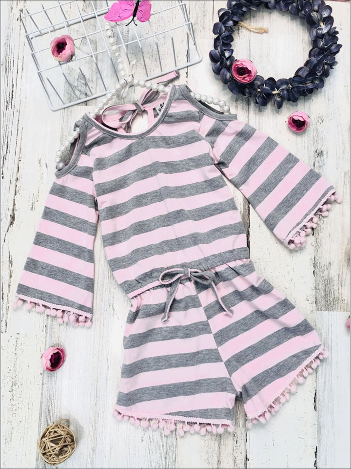 Toddler Spring Outfits | Girls Striped Cold Shoulder Pom Pom Romper