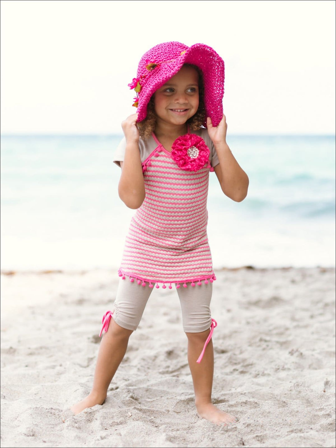 Girls Camel & Hot Pink Striped Raglan Sleeve Pom Pom Tunic & Side Tie Capri Legging Set - Girls Spring Casual Set