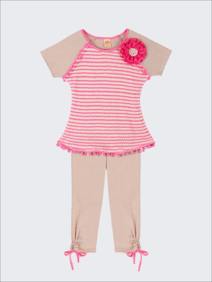 Girls Camel & Hot Pink Striped Raglan Sleeve Pom Pom Tunic & Side Tie Capri Legging Set - Girls Spring Casual Set