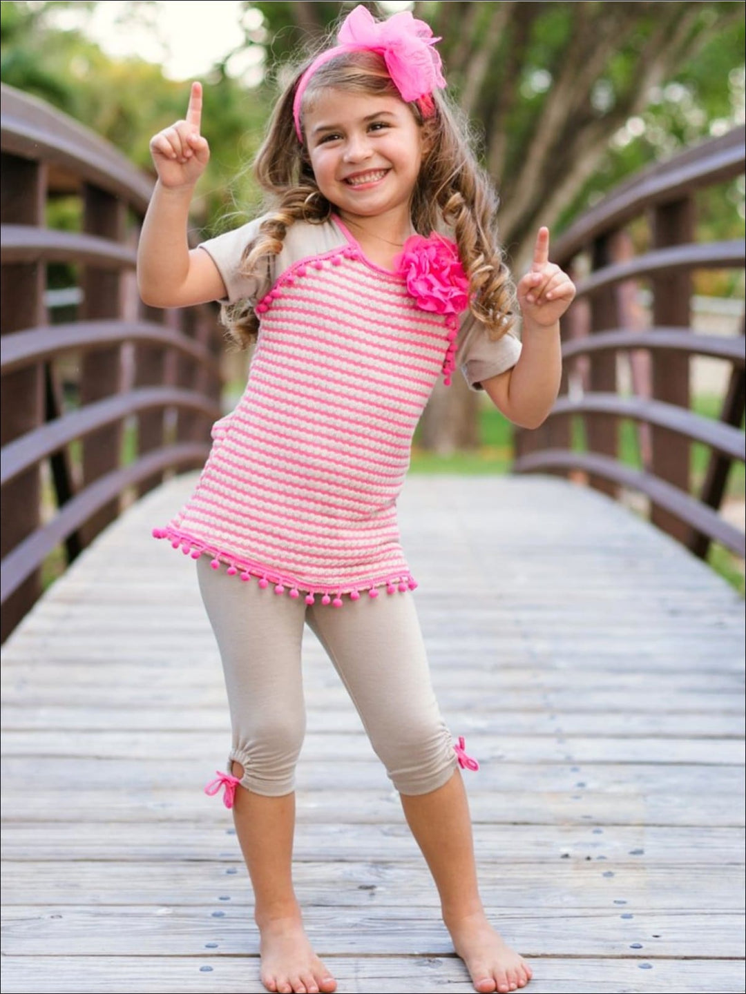 Girls Camel & Hot Pink Striped Raglan Sleeve Pom Pom Tunic & Side Tie Capri Legging Set - Girls Spring Casual Set