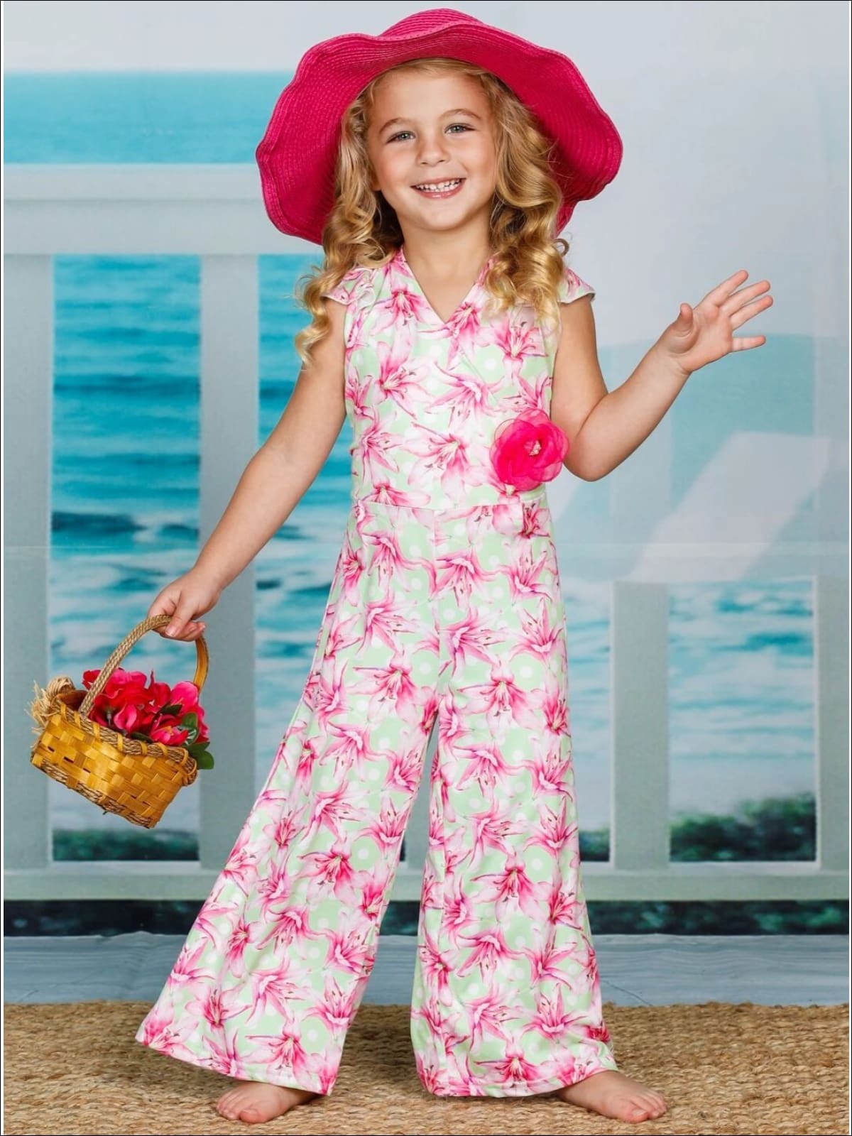 Little Girls Spring Outfits Toddler Cap Sleeve Floral Print Jumpsuit Fuchsia 6Y 6X