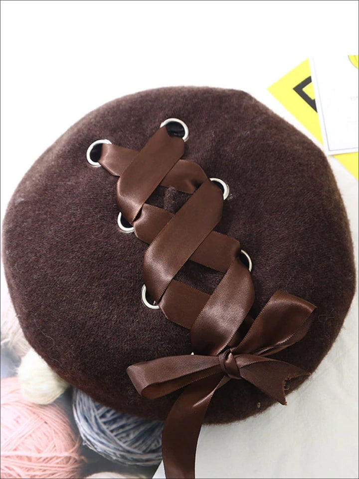 Girls Casual Satin Lace Up Beret - Brown - Girls Beret