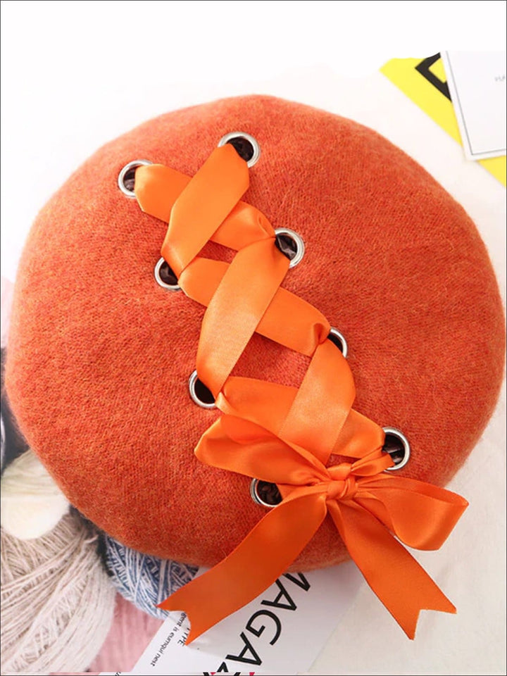 Girls Casual Satin Lace Up Beret - Orange - Girls Beret