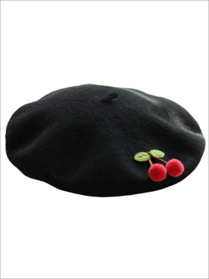 Girls Cherries French Wool Beret - Black - Girls Berets