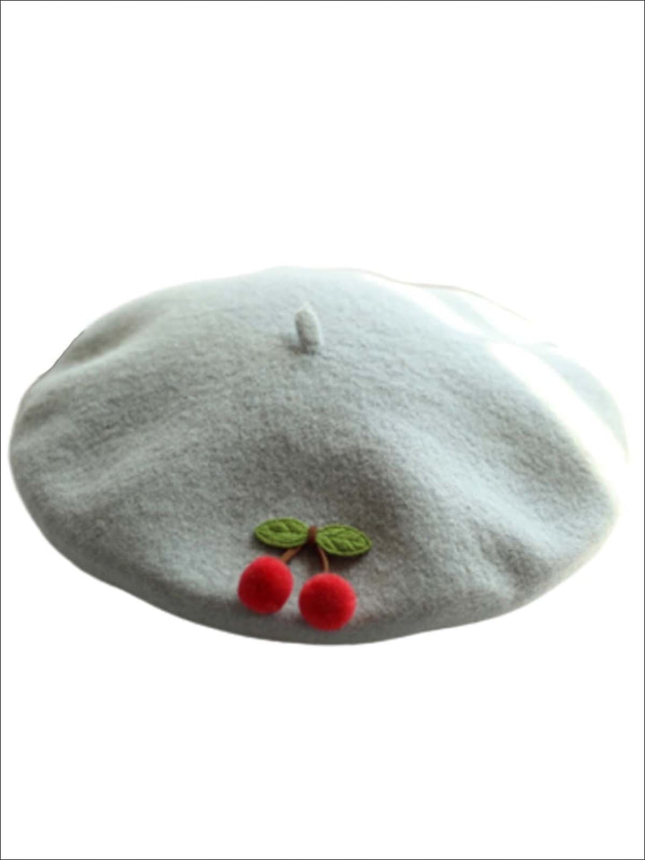 Girls Cherries French Wool Beret - Gray - Girls Berets