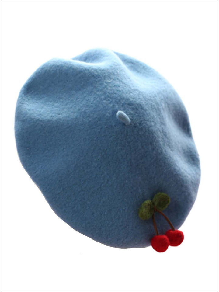 Girls Cherries French Wool Beret - Light Blue - Girls Berets